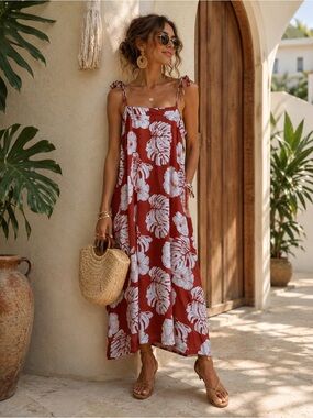 Roxy | Tropical Floral Midi Sundress | Rust & White Hawaiian Print - Size XS